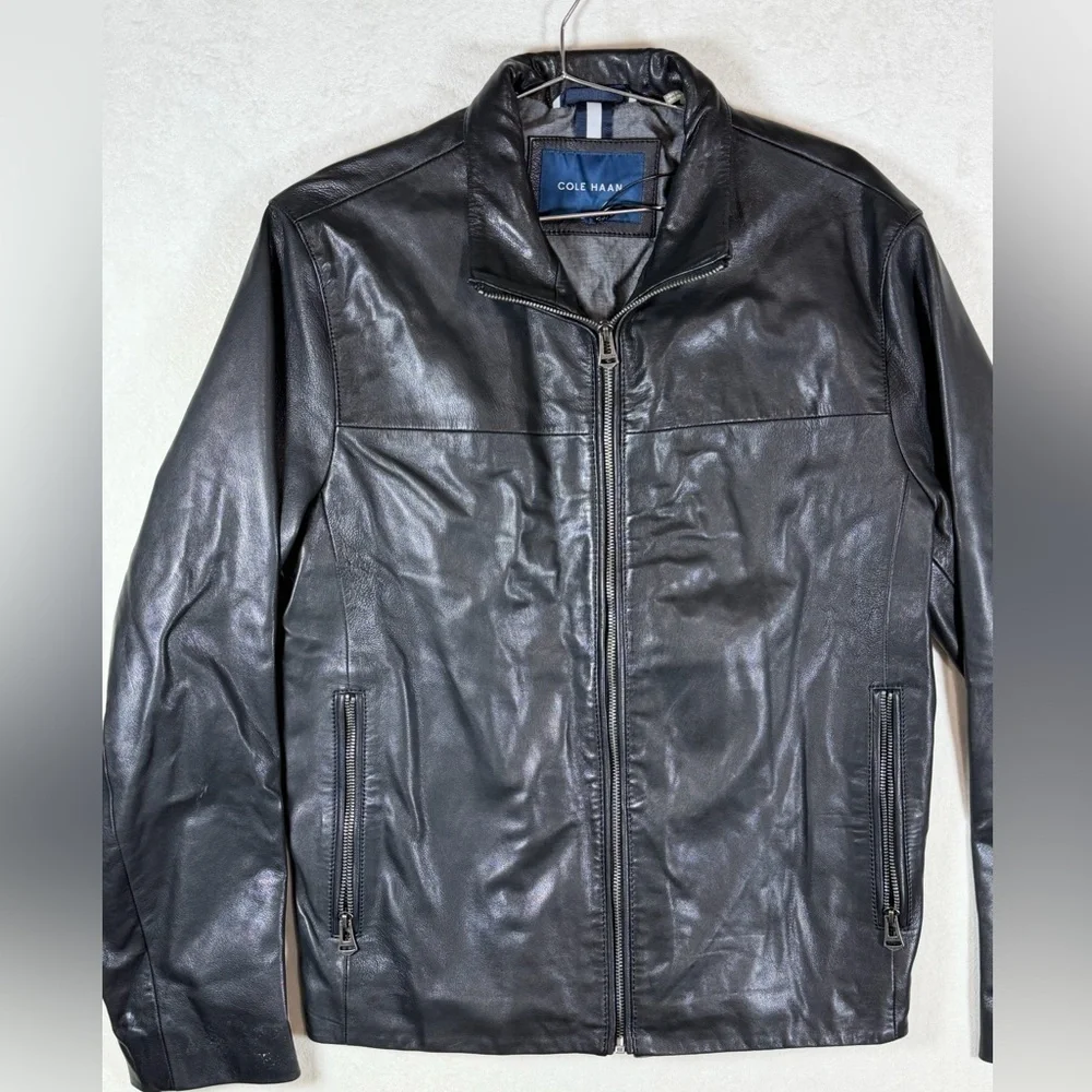 New Without Tags Cole Haan Small Genuine Leather Men's Black Bomber Moto Jacket
